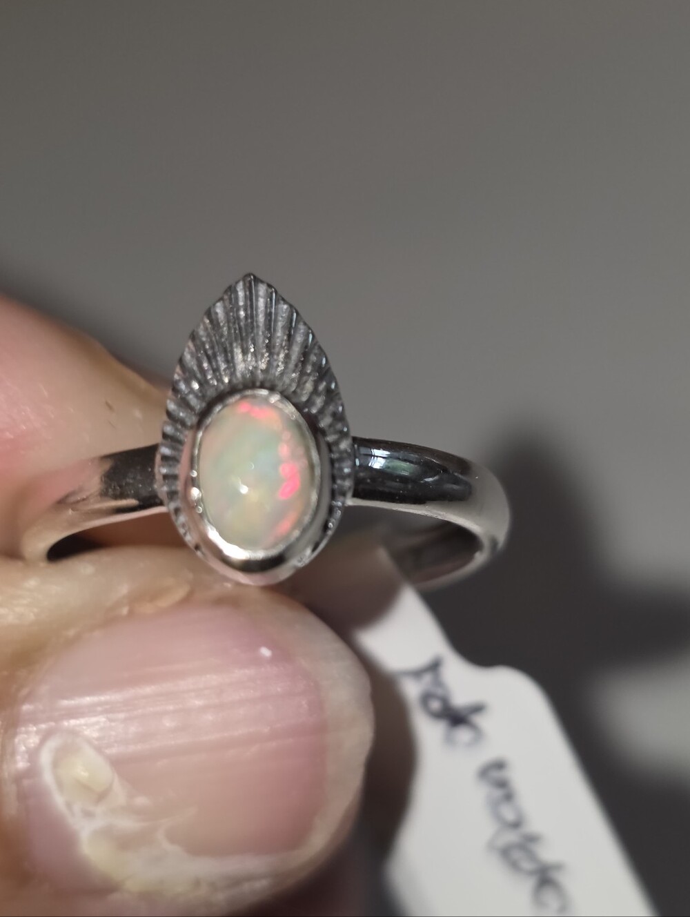 Sterling Silver 925 Ethiopian Opal Teardrop Ring in Iridescent